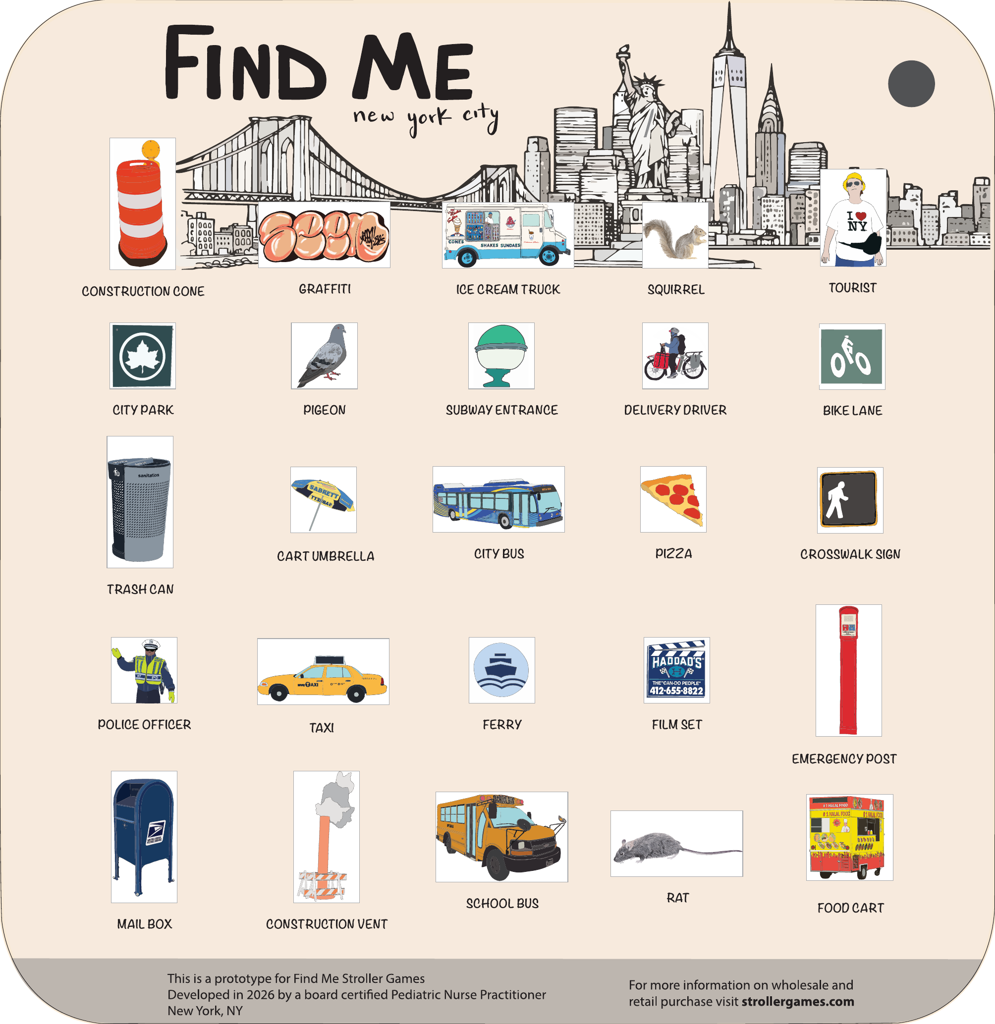 Prototype of the FIND ME: NYC stroller game board showing 25 illustrated things to spot in New York City